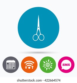 Wifi, Sms and calendar icons. Scissors hairdresser closed icon. Tailor symbol. Go to web globe.