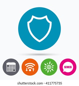 Wifi, Sms and calendar icons. Shield sign icon. Protection symbol. Go to web globe.