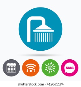 Wifi, Sms and calendar icons. Shower sign icon. Douche with water drops symbol. Go to web globe.