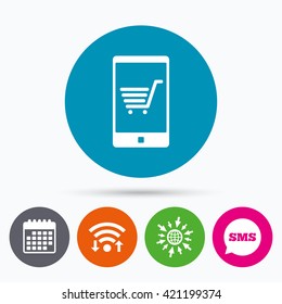 Wifi, Sms and calendar icons. Smartphone with shopping cart sign icon. Online buying symbol. Go to web globe.