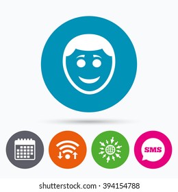 Wifi, Sms and calendar icons. Smile face sign icon. Happy smiley with hairstyle chat symbol. Go to web globe.