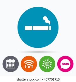 Wifi, Sms and calendar icons. Smoking sign icon. Cigarette symbol. Go to web globe.