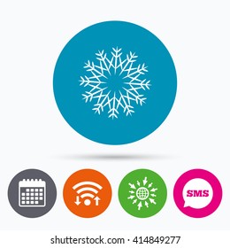 Wifi, Sms and calendar icons. Snowflake artistic sign icon. Christmas and New year winter symbol. Air conditioning symbol. Go to web globe.