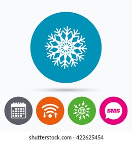 Wifi, Sms and calendar icons. Snowflake artistic sign icon. Christmas and New year winter symbol. Air conditioning symbol. Go to web globe.