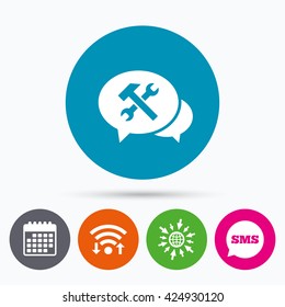 Wifi, Sms and calendar icons. Speech bubble repair tool sign icon. Service symbol. Hammer with wrench. Go to web globe.
