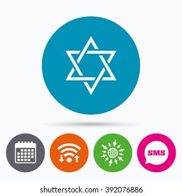 Wifi, Sms and calendar icons. Star of David sign icon. Symbol of Israel. Jewish hexagram symbol. Shield of David. Go to web globe.