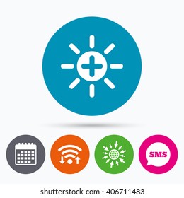 Wifi, Sms and calendar icons. Sun plus sign icon. Heat symbol. Brightness button. Go to web globe.