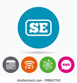 Wifi, Sms and calendar icons. Swedish language sign icon. SE Sweden translation symbol with frame. Go to web globe.