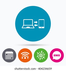 Wifi, Sms and calendar icons. Synchronization sign icon. Notebook with smartphone sync symbol. Data exchange. Go to web globe.