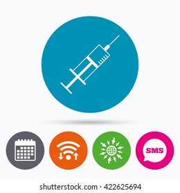 Wifi, Sms and calendar icons. Syringe sign icon. Medicine symbol. Go to web globe.