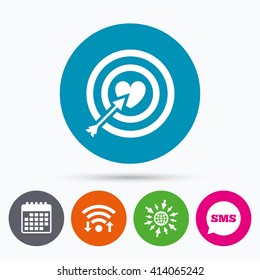 Wifi, Sms and calendar icons. Target aim sign icon. Darts board symbol with heart in the center. Go to web globe.