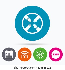 Wifi, Sms and calendar icons. Teamwork sign icon. Helping Hands symbol. Group of employees working together. Go to web globe.
