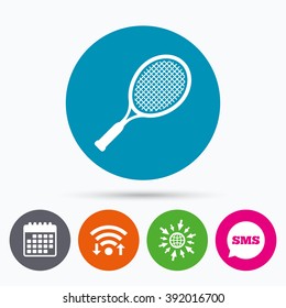 Wifi, Sms and calendar icons. Tennis racket sign icon. Sport symbol. Go to web globe.