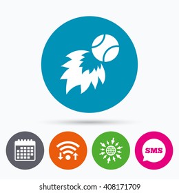 Wifi, Sms and calendar icons. Tennis fireball sign icon. Fast sport symbol. Go to web globe.