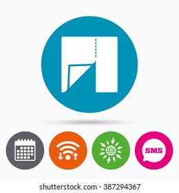 Wifi, Sms and calendar icons. Textile cloth piece sign icon. Tailor symbol. Go to web globe.