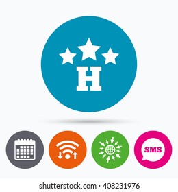 Wifi, Sms and calendar icons. Three star Hotel apartment sign icon. Travel rest place symbol. Go to web globe.