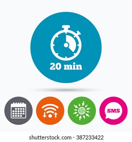 Wifi, Sms and calendar icons. Timer sign icon. 20 minutes stopwatch symbol. Go to web globe.
