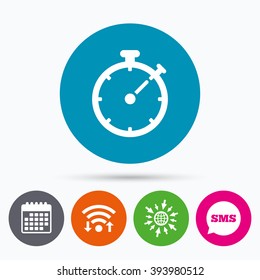 Wifi, Sms and calendar icons. Timer sign icon. Stopwatch symbol. Go to web globe.