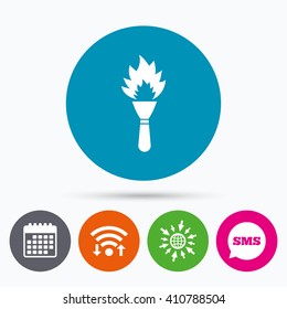 Wifi, Sms and calendar icons. Torch flame sign icon. Fire flaming symbol. Go to web globe.