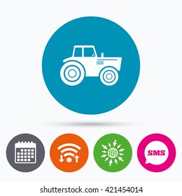 Wifi, Sms and calendar icons. Tractor sign icon. Agricultural industry symbol. Go to web globe.