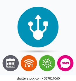 Wifi, Sms and calendar icons. Usb sign icon. Usb flash drive symbol. Go to web globe.