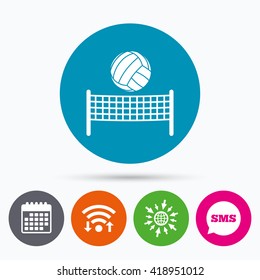 Wifi, Sms and calendar icons. Volleyball net with ball sign icon. Beach sport symbol. Go to web globe.