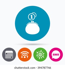 Wifi, Sms and calendar icons. Wallet sign icon. Cash coins bag symbol. Go to web globe.