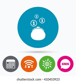 Wifi, Sms and calendar icons. Wallet sign icon. Cash coins bag symbol. Go to web globe.