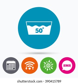 Wifi, Sms and calendar icons. Wash icon. Machine washable at 50 degrees symbol. Go to web globe.