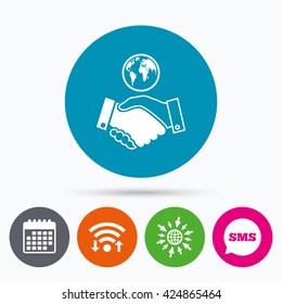 Wifi, Sms and calendar icons. World handshake sign icon. Amicable agreement. Successful business with globe symbol. Go to web globe.