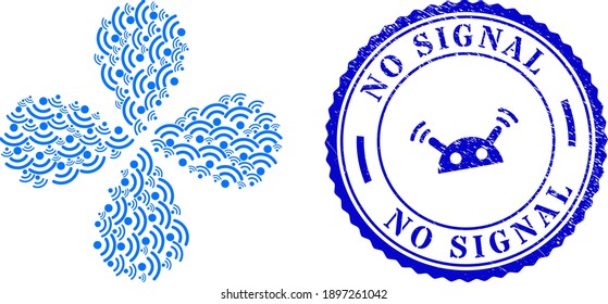 Wi-fi source centrifugal spin, and blue round NO SIGNAL dirty watermark with icon inside. Element flower with 4 petals created from oriented wi-fi source symbols. Vector flower collage in flat style.