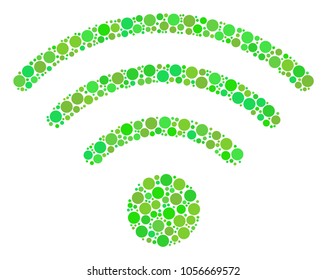 Wi-Fi Source collage of filled circles in variable sizes and fresh green color tints. Vector round dots are organized into wi-fi source illustration. Freshness design concept.