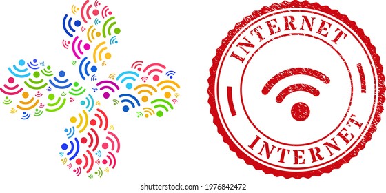 Wi-fi source colorful explosion flower with 4 petals, and red round INTERNET corroded stamp. Wi-fi source symbol inside round stamp print.