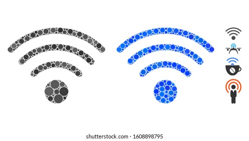 Wi-Fi source composition of circle elements in variable sizes and shades, based on Wi-Fi source icon. Vector round elements are organized into blue composition.