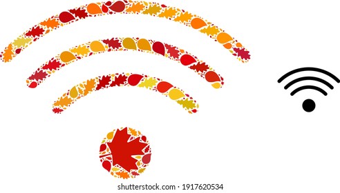 Wi-Fi Source composition icon designed for fall season. Vector wi-fi source mosaic is designed with randomized fall maple and oak leaves. Mosaic autumn leaves in bright gold, brown and red colors.