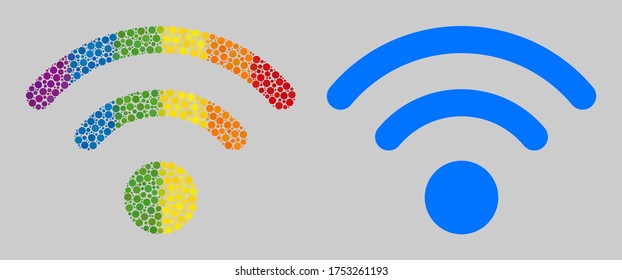 Wi-fi source composition icon of filled circles in variable sizes and spectrum colored color tones. A dotted LGBT-colored Wi-fi source for lesbians, gays, bisexuals, and transgenders.