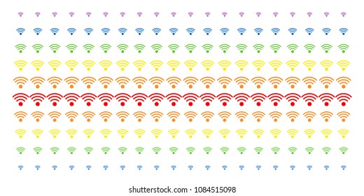 Wi-Fi Source icon spectral halftone pattern. Vector symbols arranged into halftone grid with vertical spectrum gradient. Constructed for backgrounds, covers, templates and abstraction effects.