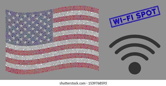 Wi-Fi source items are combined into United States flag collage with blue rectangle grunge stamp seal of Wi-Fi Spot text.
