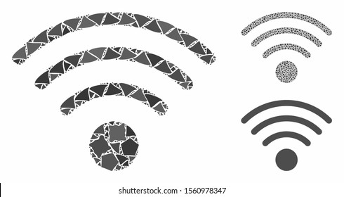 Wi-Fi source mosaic of tuberous pieces in various sizes and color hues, based on Wi-Fi source icon. Vector unequal pieces are combined into collage. Wi-Fi source icons collage with dotted pattern.