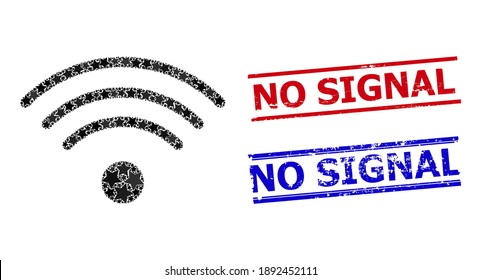 Mosaico estrella fuente Wi-Fi y estampillas de grunge sin señal. Estampillas rojas y azules con estilo corroído y sin palabra indicadora. Resumen el mosaico fuente wi-fi está compuesto por iconos de estrella plana al azar.