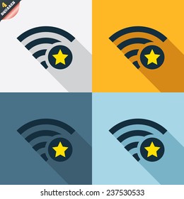 Wifi star sign. Favorite Wi-fi symbol. Wireless Network icon. Wifi zone. Four squares. Colored Flat design buttons. Vector