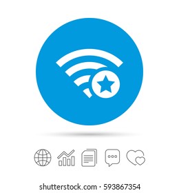 Wifi star sign. Favorite Wi-fi symbol. Wireless Network icon. Wifi zone. Copy files, chat speech bubble and chart web icons. Vector