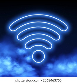 Wi-Fi Symbol with Blue Glowing Light Effect: Futuristic Wireless Networking, Radar, and Signal Sensor Wave Connection Concept with Blue Neon Smoke Glow. Vector.