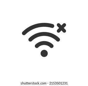 Wifi symbol and cross icon. Jamming wireless internet signal. Wi Fi error. Failure wifi icon. Disconnected wireless internet signal. Vector illustration isolated on white background.