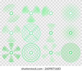 Wi-Fi symbol flashes dynamically with green radial clarity. Soundwave ripple circles simulate broadcast communication design. Tech signal pulses spread smoothly across smart UI layouts. Smart signal