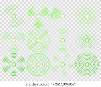 Wi-Fi symbol flashes dynamically with green radial clarity. Soundwave ripple circles simulate broadcast communication design. Tech signal pulses spread smoothly across smart UI layouts. Smart signal