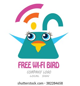 Wi-fi symbol, free wifi  icon - vector illustration of funny bird with lock body and wi-fi signal as feathers. Free WIFI Bird as public sign, logo idea, funny mascot, design element, button, banner.