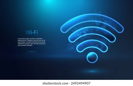 Wifi symbol icon, wireless network digital innovation concept, free internet zone symbol, futuristic technology with blue neon glow in the sky clouds, vector Wi Fi business connect background
