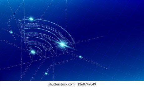 Wifi symbol isometric symbol particle line lighting pattern wireframe futuristic, Internet connect concept illustration isolated on blue gradients background with copy space, vector