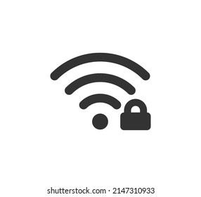Wifi symbol and lock icon. Blocked wireless internet signal. Wi-Fi signal error. Failure wifi icon. Disconnected wireless internet signal. Vector illustration isolated on white background.